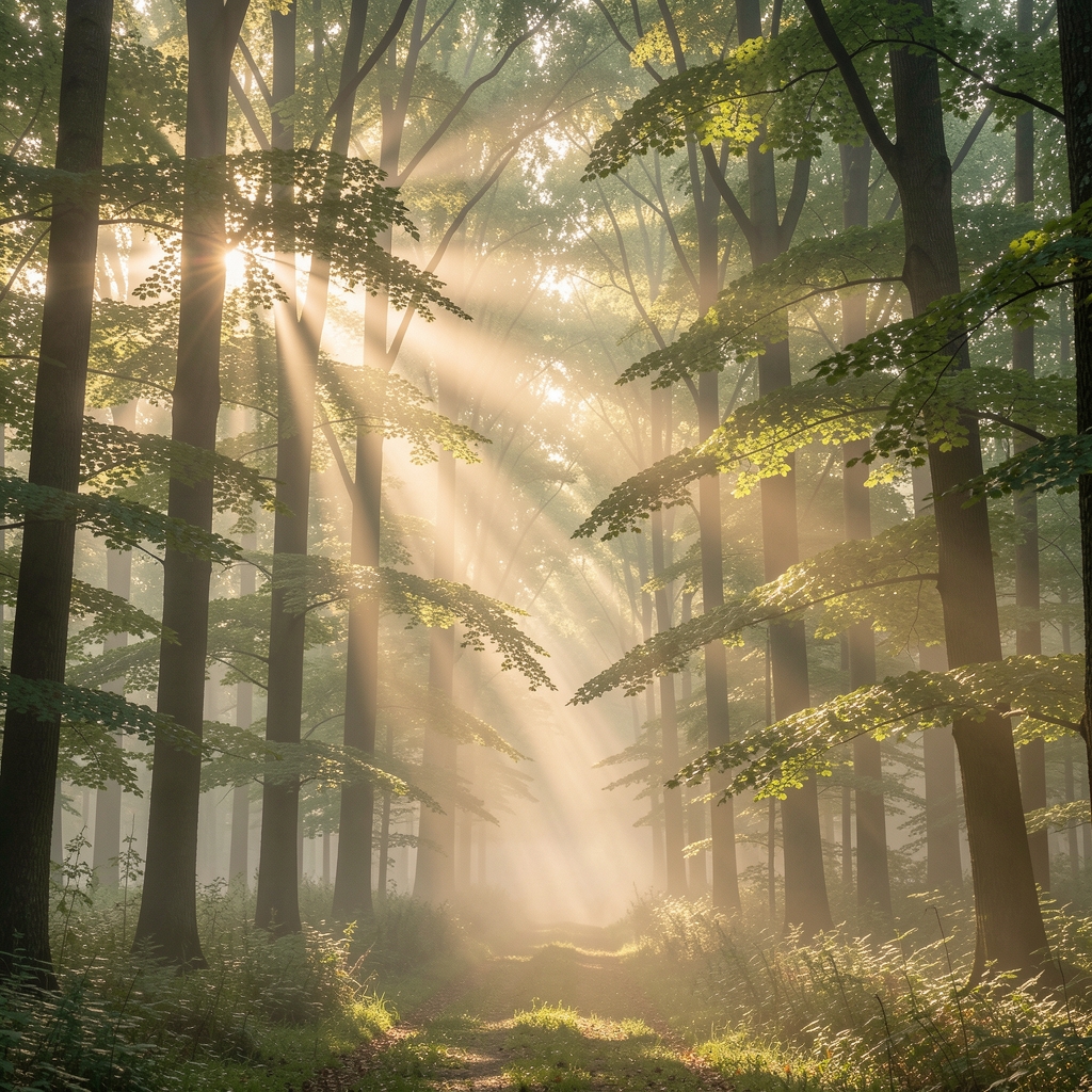 Gęsty las liściasty o poranku z promieniami słońca przebijającymi się przez korony drzew, mgła unosząca się nad ziemią, atmosfera spokoju i natury